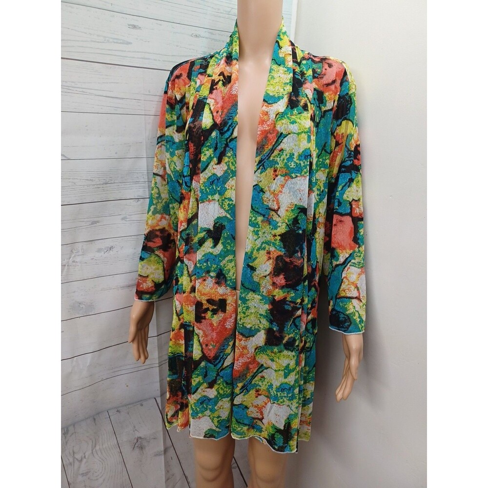Ali Miles Women's Size 1X Mesh Artsy Geometric Open Front Cardigan Kimono